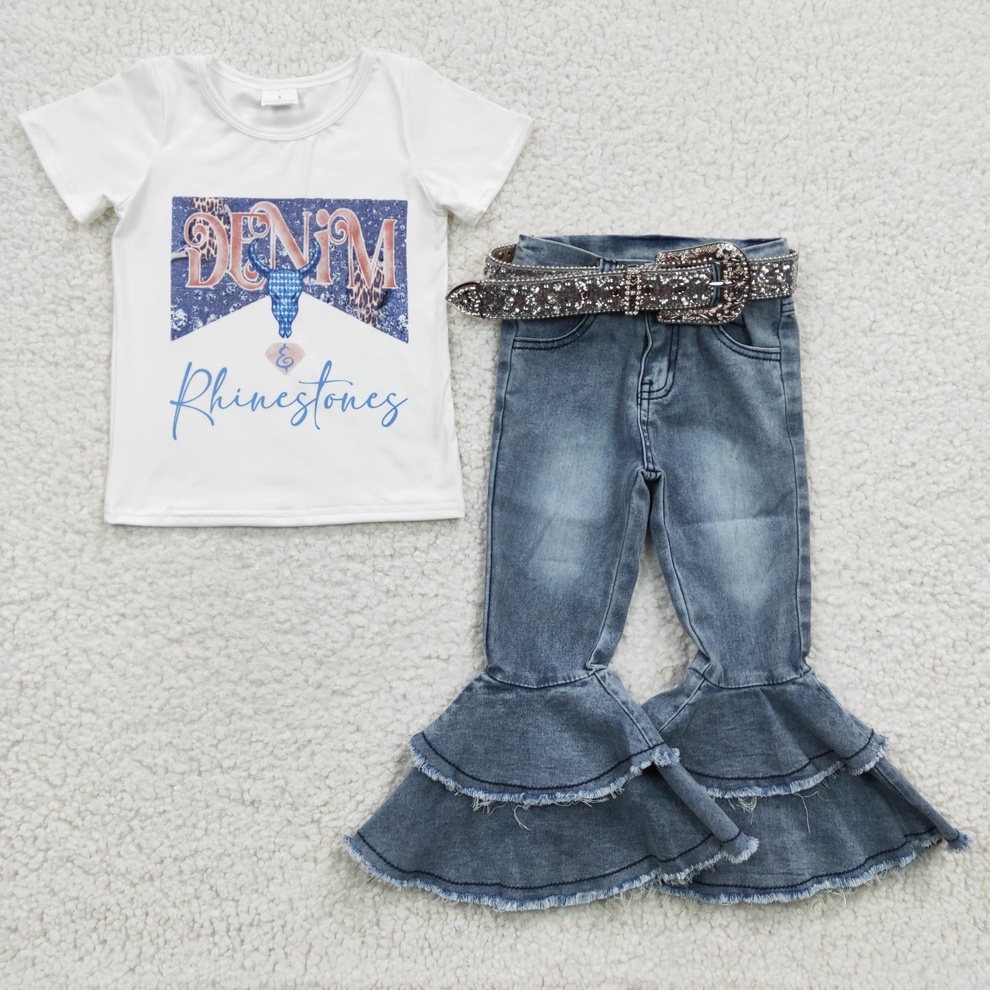 GSPO0531 2Pcs GT0133 Blue Cow Top + C5-15 Blue Denim Girls Short Sleeve Bell Bottom Pants Outfits