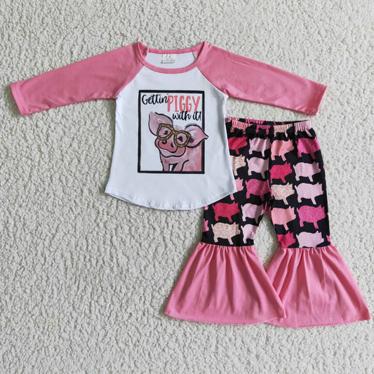 Clearance 6 A10-17 Pink Pig Cartoon Girls Short Sleeve Bell Bottom Pants Outfits