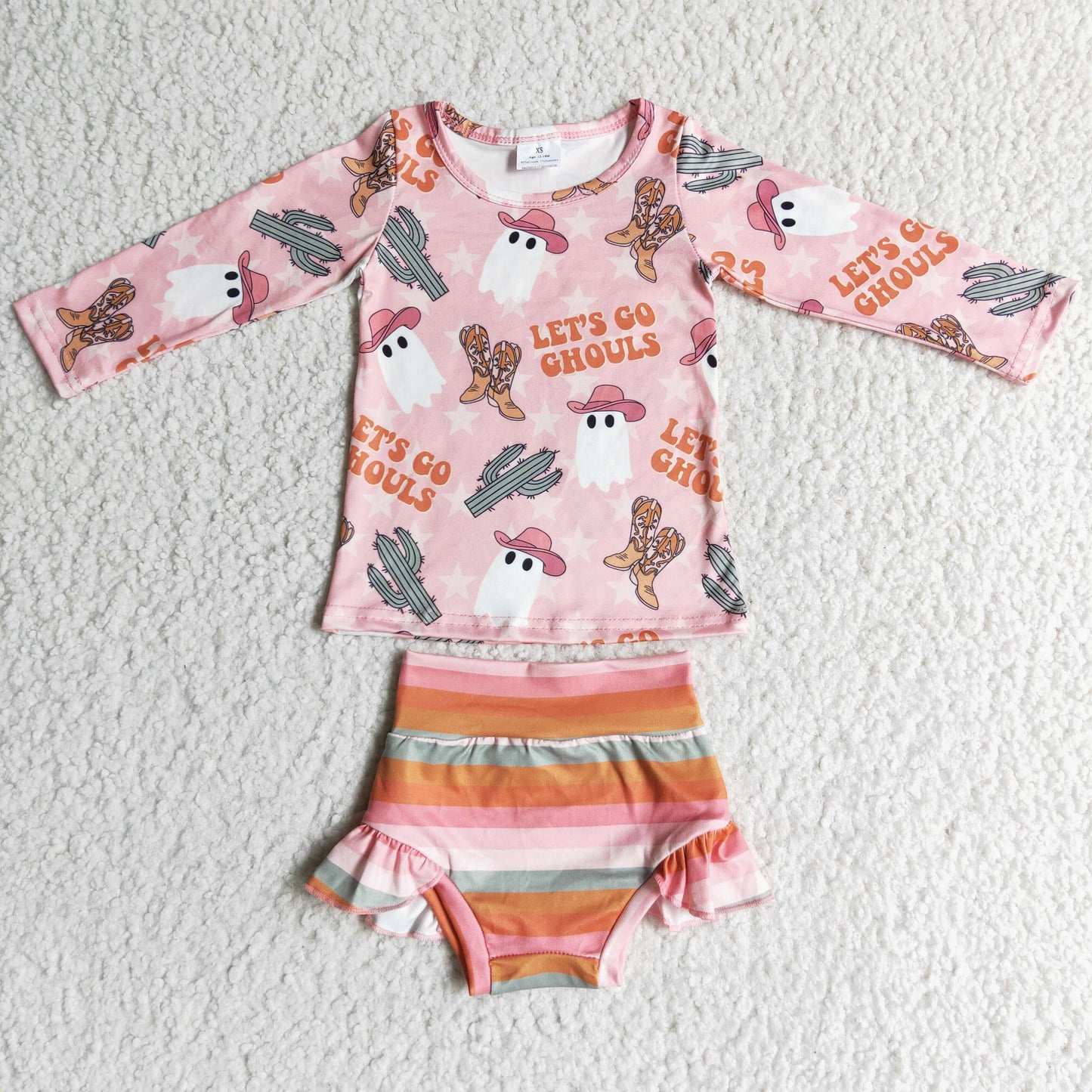 GBO0053 Halloween Pink Cactus Boots Western Cowboy Girls Long Sleeve Bummies Outfits