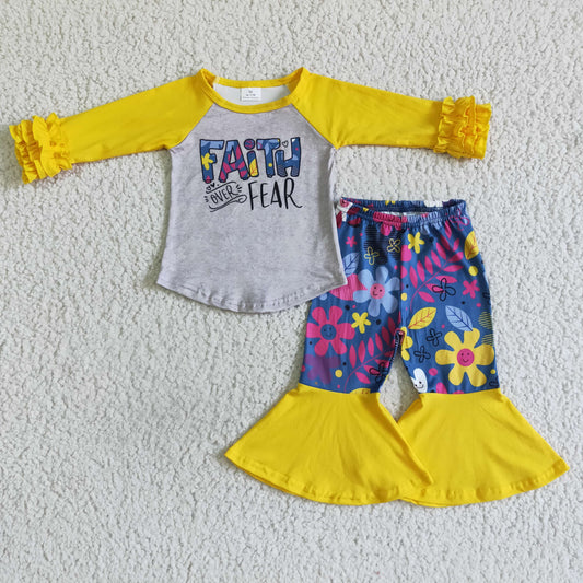 Clearance 6 A25-4 Yellow Floral Faith Fear Girls Long Sleeve Bell Bottom Pants Outfits