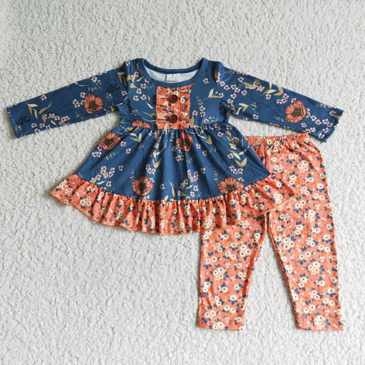 6 B4-22 Blue Flower Flower Floral Tunic Girls Long Sleeve Pants Outfits