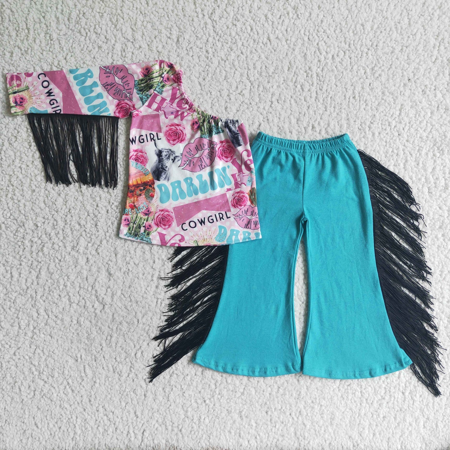 GSPO0141 Blue Pink Cowgirl Western Single Sleeve Tassel Girls Short Sleeve Bell Bottom Pants Outfits