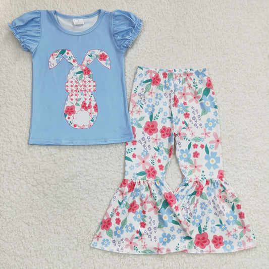 GSPO0460 Easter Rabbit Blue Pink Floral Flower Girls Short Sleeve Bell Bottom Pants Outfits