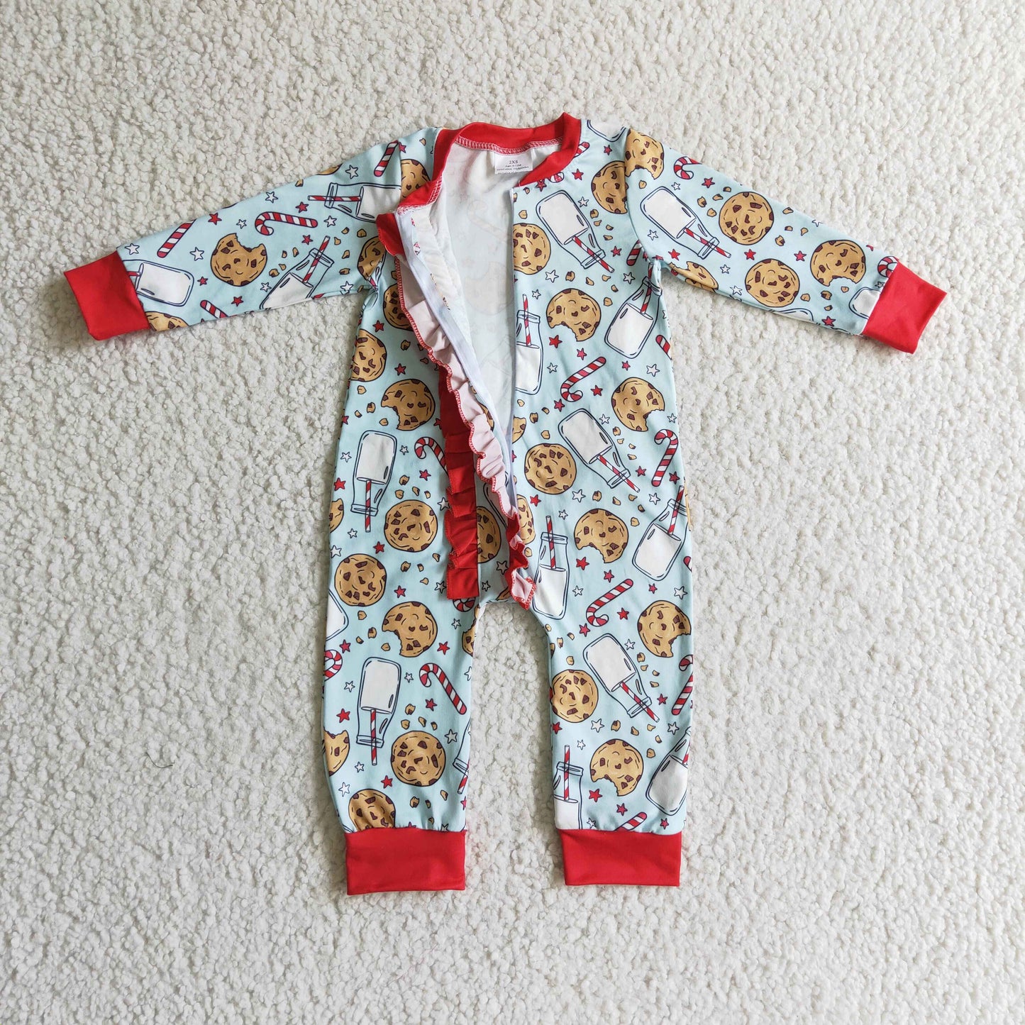 LR0185 Christmas Red Blue Santa Milk Cake Cookies Ruffles Girls Long Sleeve Romper