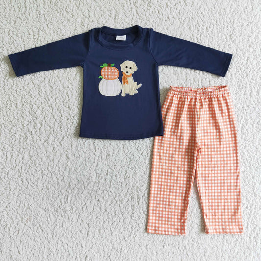 BLP0038 Halloween Blue Pumpkin Dog Red Plaid Embroidery Boys Long Sleeve Pants Outfits