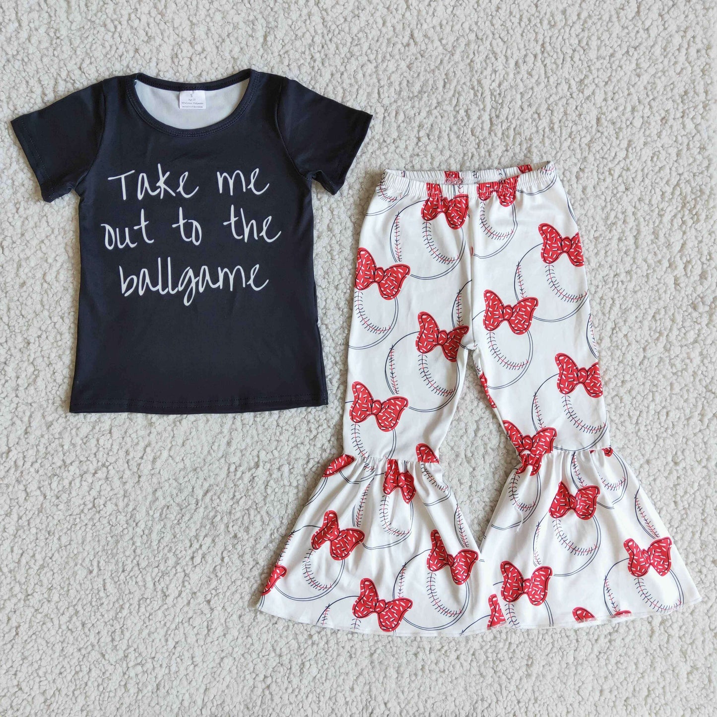 promotion RTS E7-4 Take Me Out To The Ballgame Red Cartoon Girls Short Sleeve Bell Bottom Pants Outfits