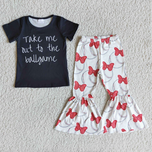 promotion RTS E7-4 Take Me Out To The Ballgame Red Cartoon Girls Short Sleeve Bell Bottom Pants Outfits