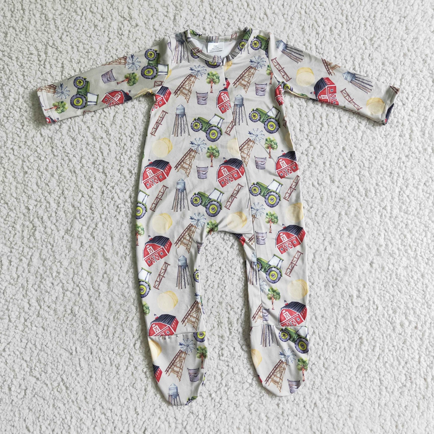 LR0099 Green Farm Tuckor Zipper Girls Long Sleeve Romper