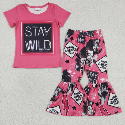 GSPO0446 Pink Stay Wild Cowboy Cow Western Girls Short Sleeve Bell Bottom Pants Outfits