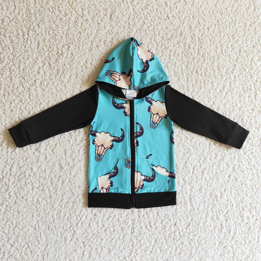 promotion BT0083 Blue Western Cow Head Cowboy Rodeo Pockets Boys Long Sleeve Hoodies Top