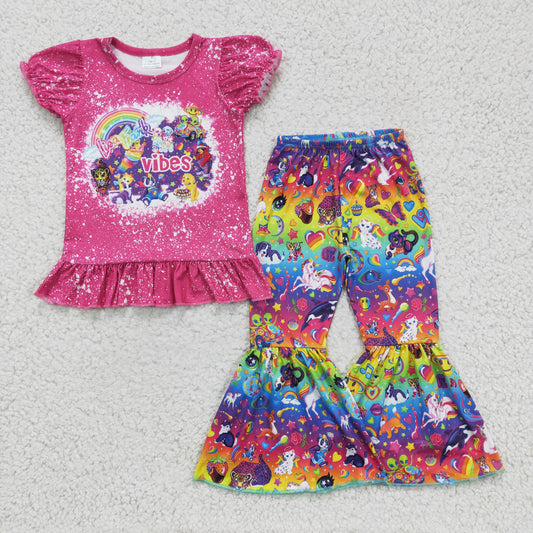 GSPO0276 Pink Bleach Vibes Rainbow Unicorn Cartoon Girls Short Sleeve Bell Bottom Pants Outfits