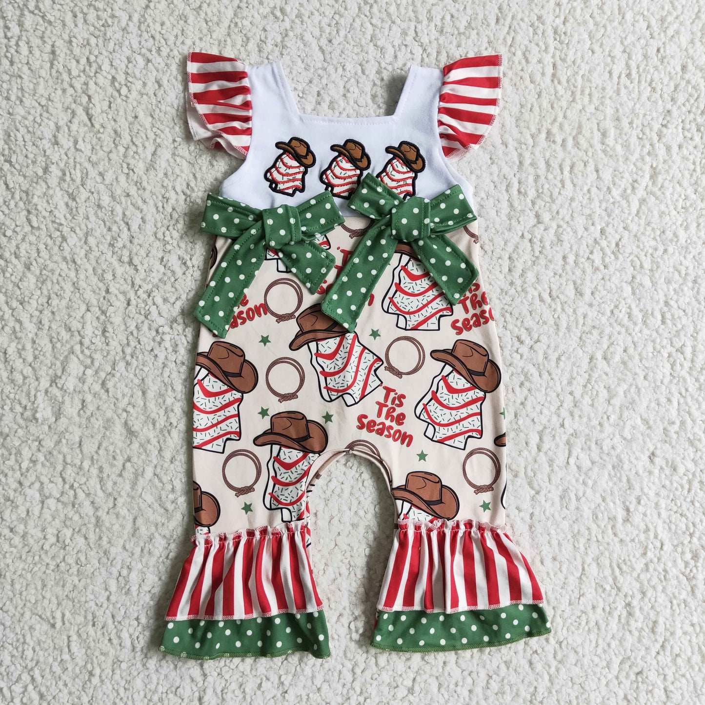 SR0100 Christmas Red Green Tree Season Cowboy Embroidery Girls Short Sleeve Romper
