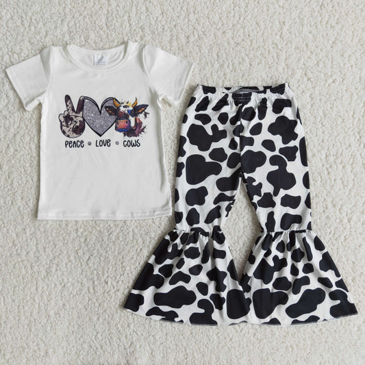 E12-26 Peace Love Cows Girls Short Sleeve Bell Bottom Pants Outfits
