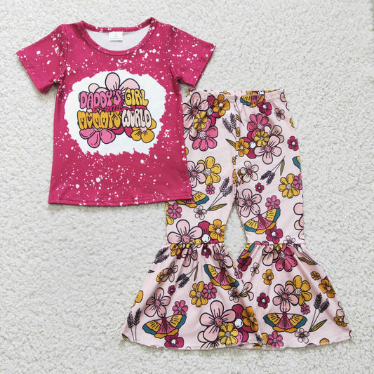 GSPO0414 Pink Floral Daddys Girl Mammys World Girls Short Sleeve Bell Bottom Pants Outfits