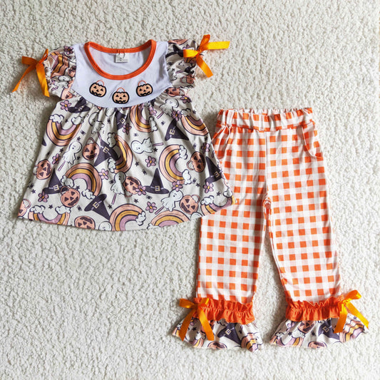 GSPO0176 Halloween Orange Plaid Rainbow Pumpkin Ghost Witch Cartoon Embroidery Tunic Girls Short Sleeve Pants Outfits
