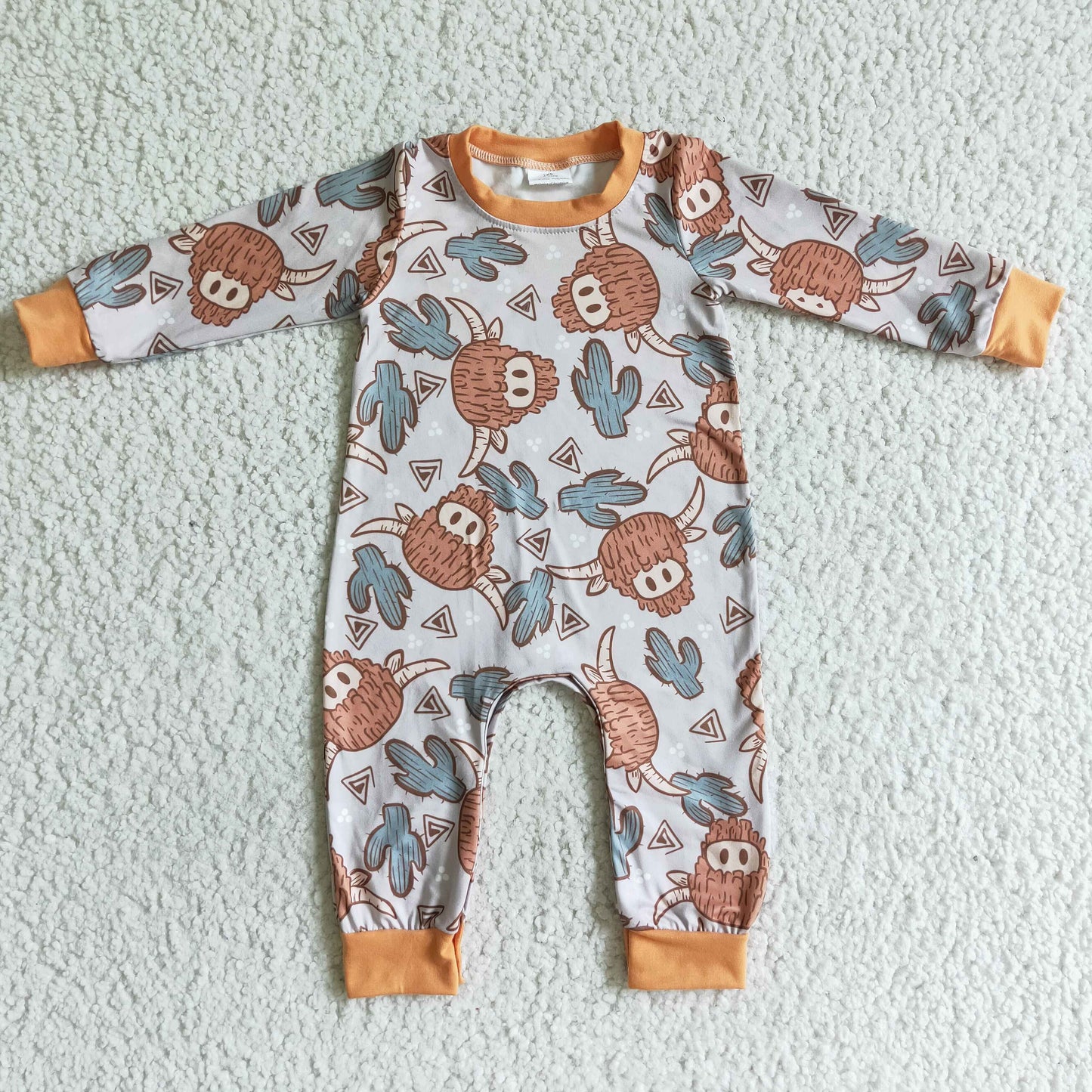 LR0059 Orange Highland Cows Cartoon Cactus Girls Long Sleeve Romper