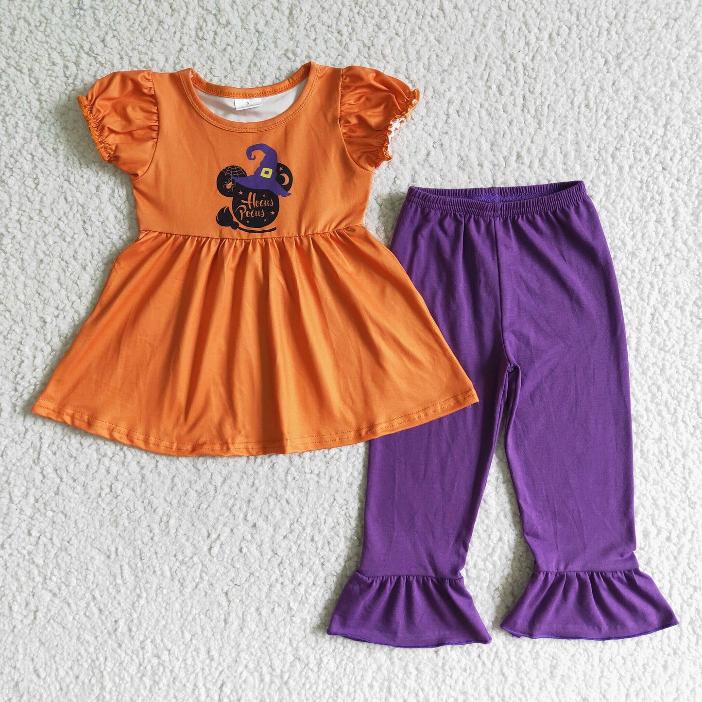 promotion RTS GSPO0117 Halloween Mouse Witch Cartoon Yellow Purple Tunic Girls Short Sleeve Pants Outfits