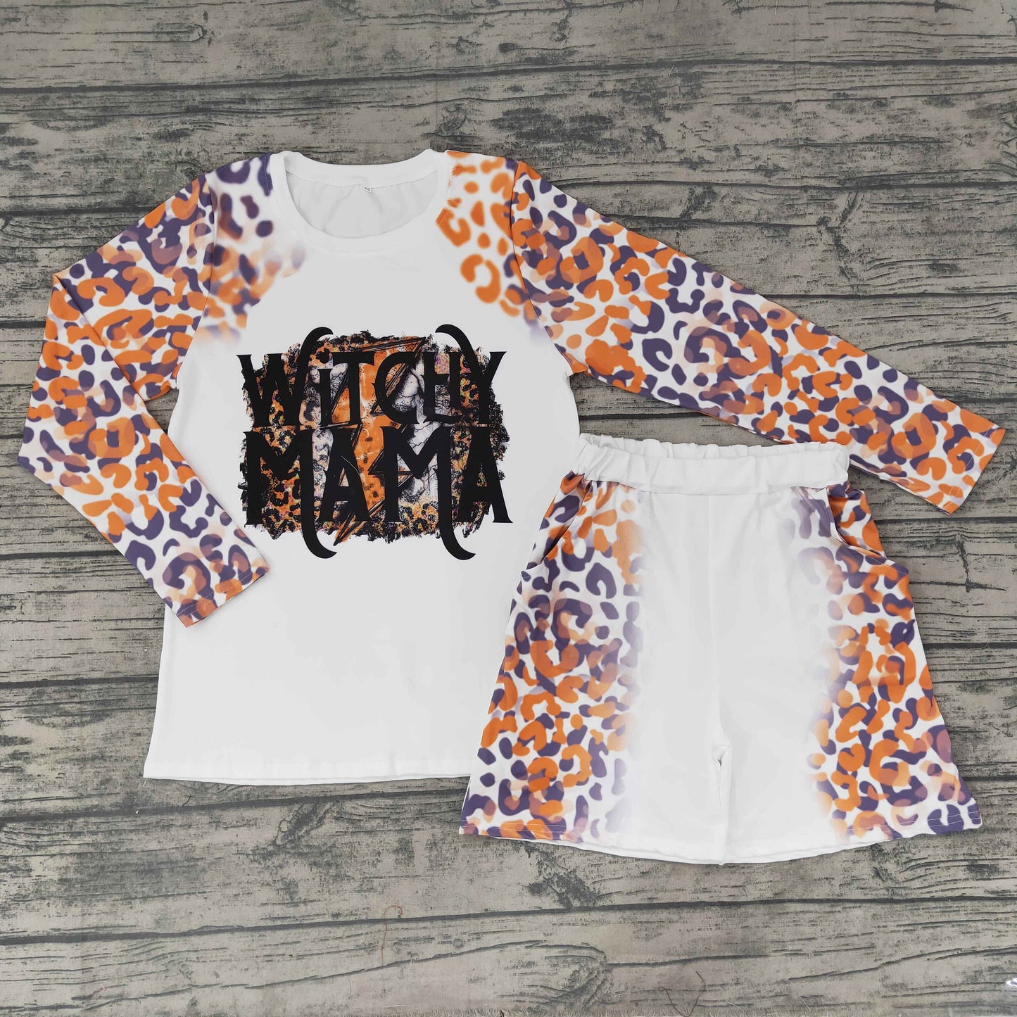 Family Adult GLS0001 Halloween Witch Cartoon Mama Purple Leopard Girls Long Sleeve Shorts Outfits
