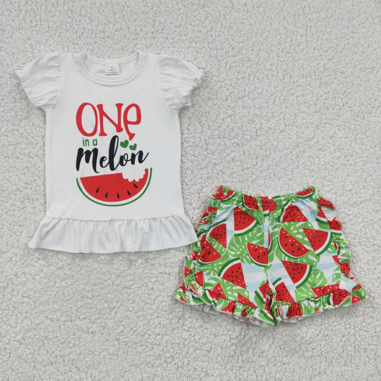 promotion RTS A5-22 One Melon Watermelon Red Green Summer Girls Short Sleeve Shorts Outfits