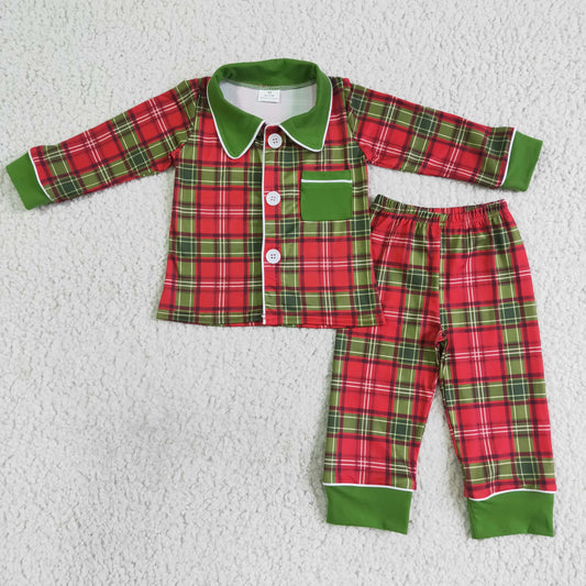 BLP0049 Christmas Green Red Plaid Print Pockets Collar Boys Long Sleeve Pajamas