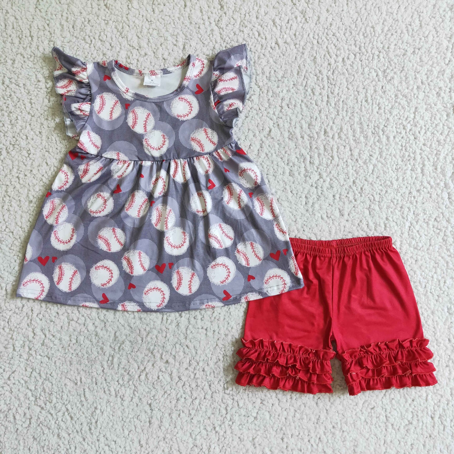 promotion RTS A10-5-1 Grey Red Baseball Girls Flutter Sleeve Shorts Outfits