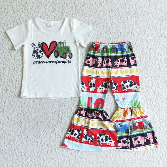 Clearance B13-4 Peace Love Farm Life Cow Pig Girls Short Sleeve Bell Bottom Pants Outfits
