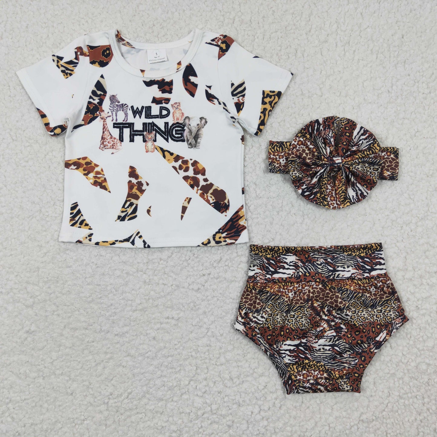 promotion RTS GBO0096 Wild Thing Leopard With Headband Bow 3pcs Girls Short Sleeve Bummies Outfits