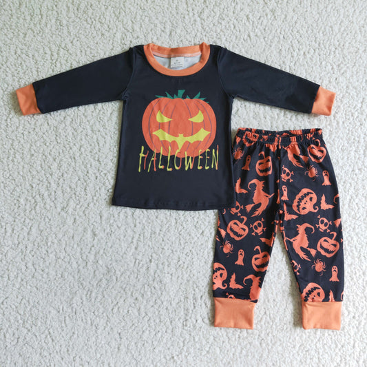 BLP0014 Halloween Pumpkin Black Orange Ghost Boys Long Sleeve Pajamas