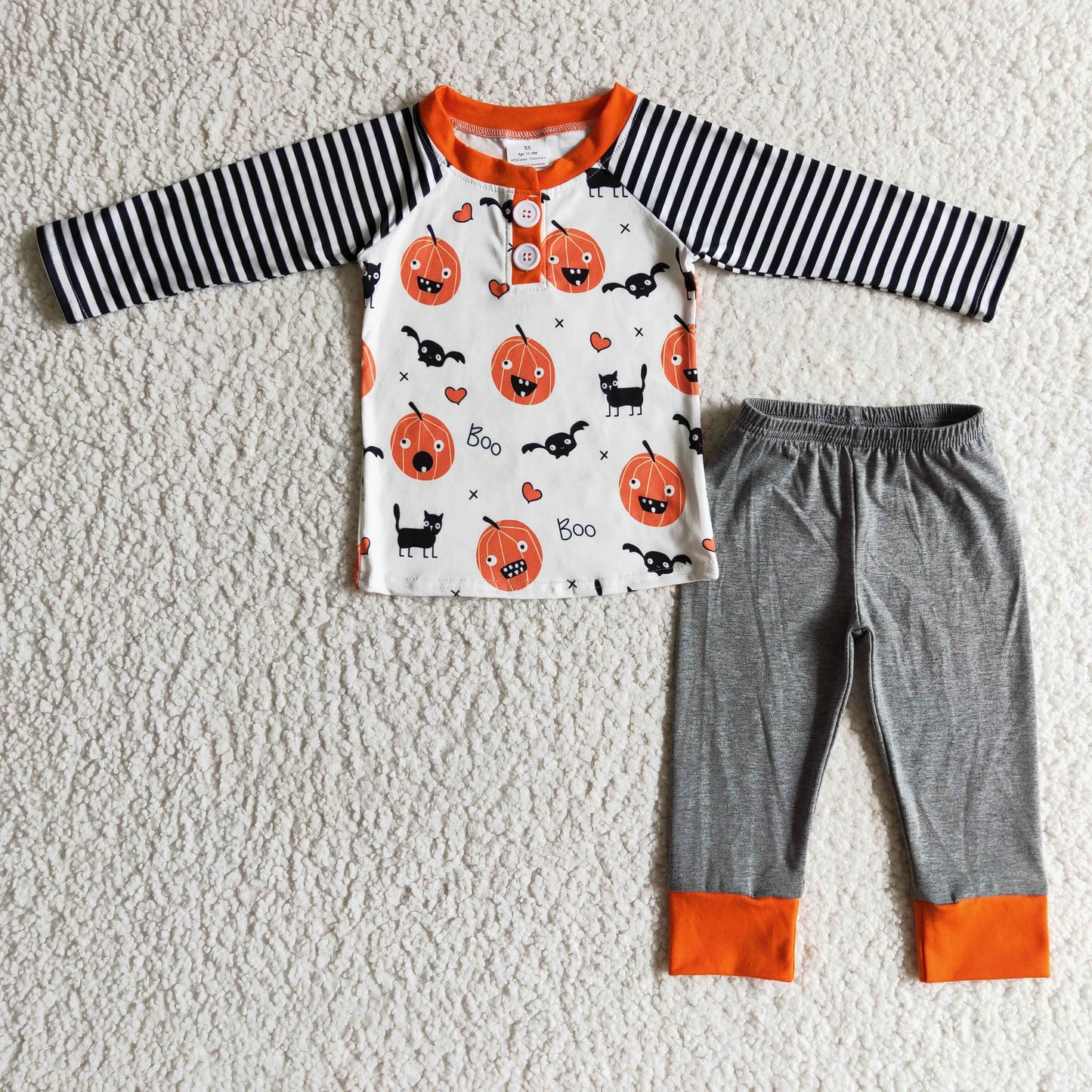BLP0072 Halloween Orange Pumpkin Bat Cat Cartoon Black Stripes Boys Long Sleeve Pants Outfits