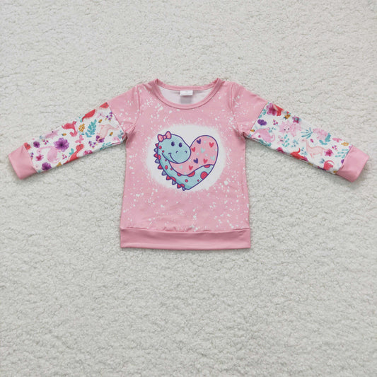 GT0087 Valentine Pink Dinosaur Love Cartoon Girls Long Sleeve Top