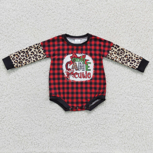 LR0214 Christmas Red Black Plaid Candy Cutie Cane Leopard Girls Long Sleeve Romper