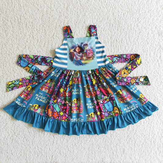 promotion RTS GSD0017 Blue Princess Cartoon Girls Belt Patchwork Sleeveless Dresses