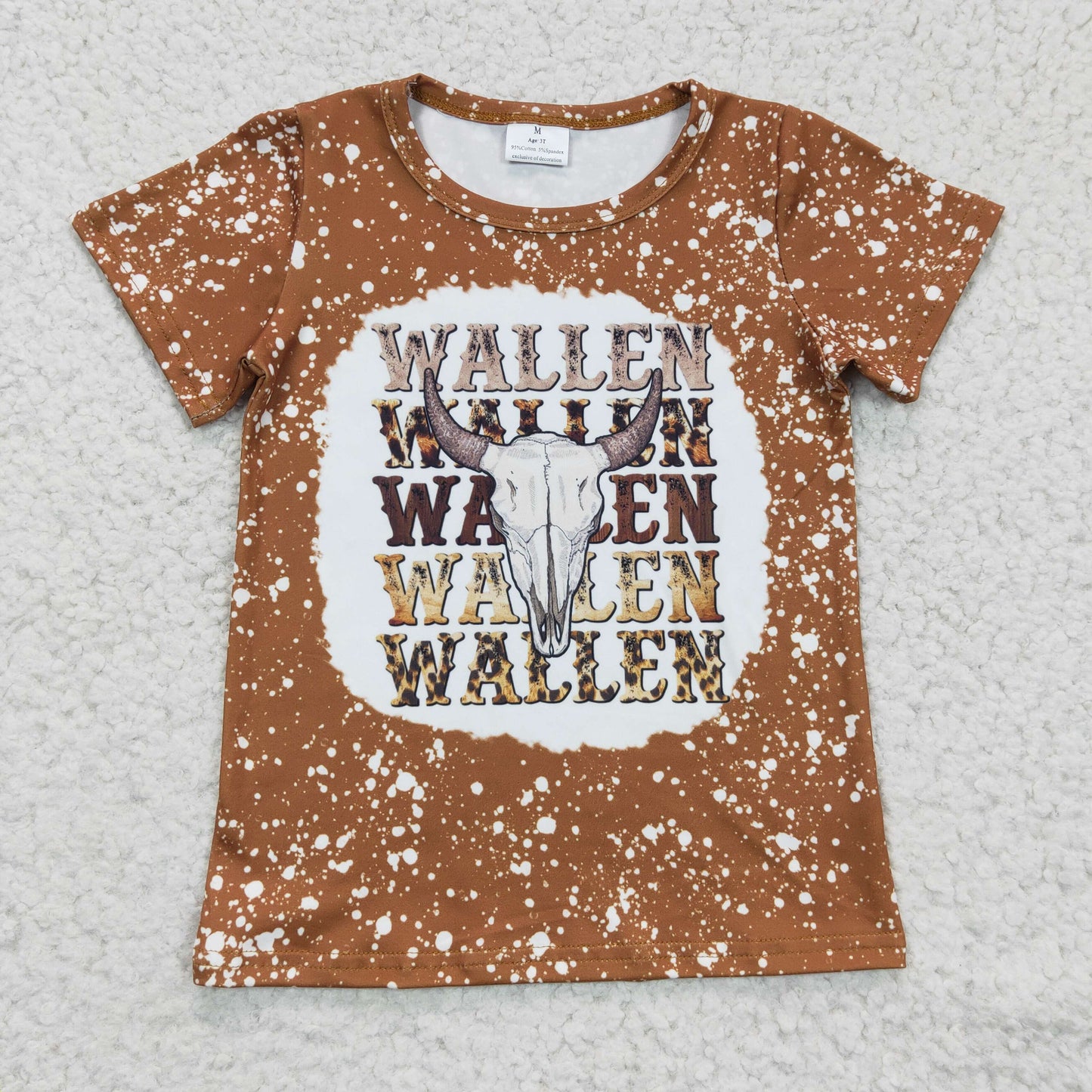 GSPO0409 2Pcs GT0115 Brown Bleach Wallen Highland Cow Top + Brown Stripes Denim Girls Short Sleeve Bell Bottom Pants Outfits
