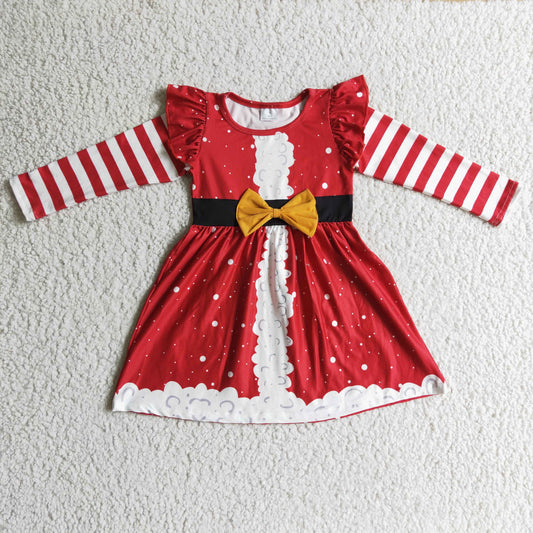 GLD0146 Christmas Red Green Stripes Santa Ruffles Bow Girls Long Sleeve Dresses