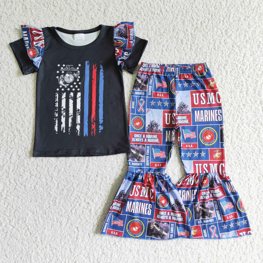 A1-21 Blue Red Army Girls Short Sleeve Bell Bottom Pants Outfits