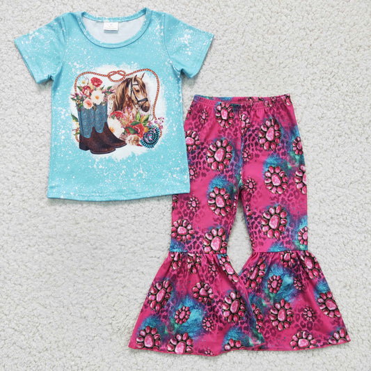 promotion RTS GSPO0312 Blue Horses Floral Cowboy Pink Girls Short Sleeve Bell Bottom Pants Outfits