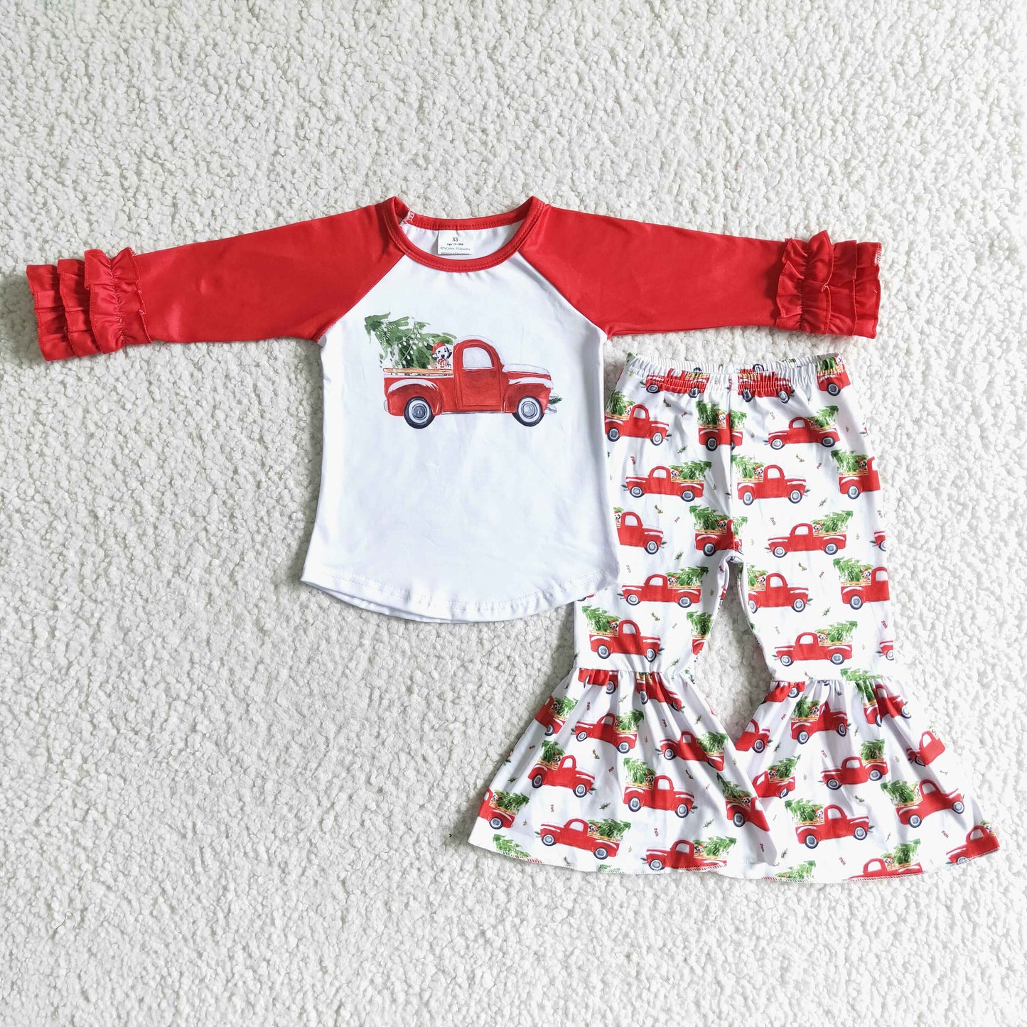 6 B9-19 Christmas Tree Red Car Girls Long Sleeve Bell Bottom Pants Outfits