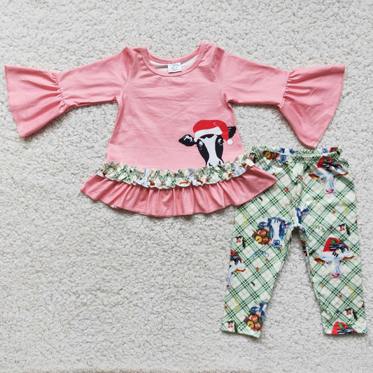 Promotion RTS 6 C10-30 Christmas Cow Santa Red Pink Green Girls Long Sleeve Pants Outfits