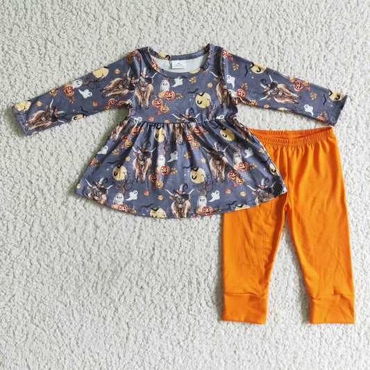 GLP0112 Halloween Pumpkin Highland Cows Orange Tunic Girls Long Sleeve Pants Outfits