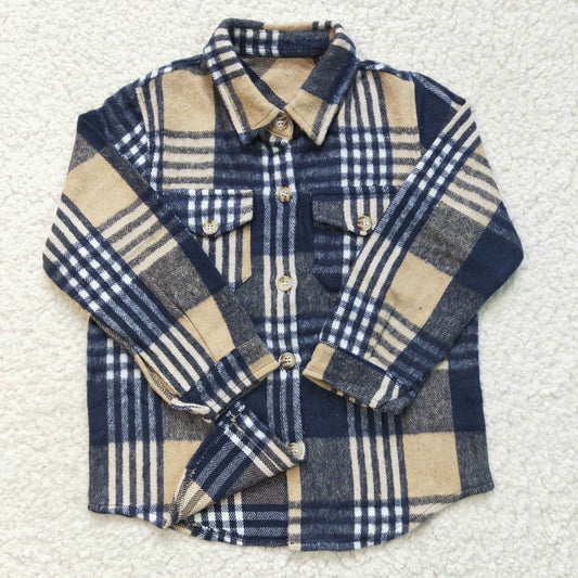BT0186 Blue Plaid Boys Long Sleeve Top Winter Collar T-Shirts