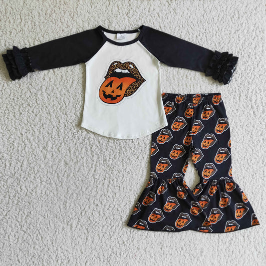 Clearance 6 B1-4 Halloween Pumpkin Black Orange Leopard Mouth Lip Music Singer Band Cartoon Girls Long Sleeve Bell Bottom Pants Outfits