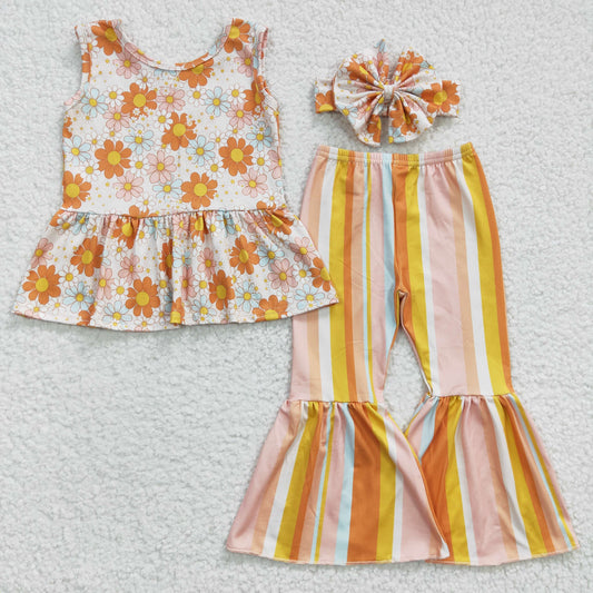 GSPO0508  Orange Floral Yellow With Bow Headband 3pcs Girls Short Sleeve Bell Bottom Pants Outfits