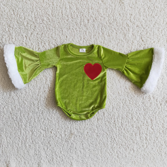 6 A4-4 Red Love Heart Green Velvet Embroidery Romper