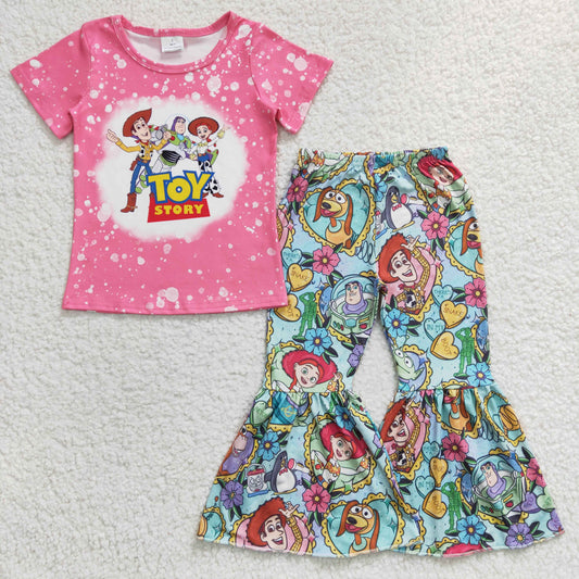 GSPO0469 Pink Green Toy Cartoon Girls Short Sleeve Bell Bottom Pants Outfits