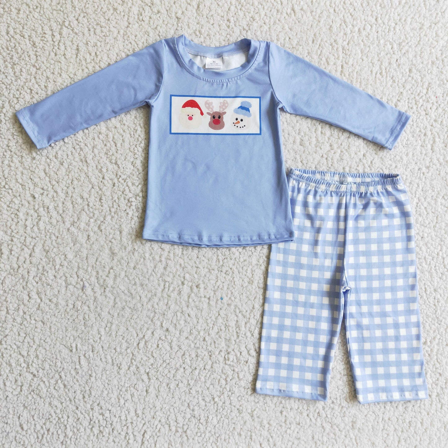 BLP0129 Christmas Santa Deer Snowman Blue Plaid Girls Long Sleeve Pants Outfits