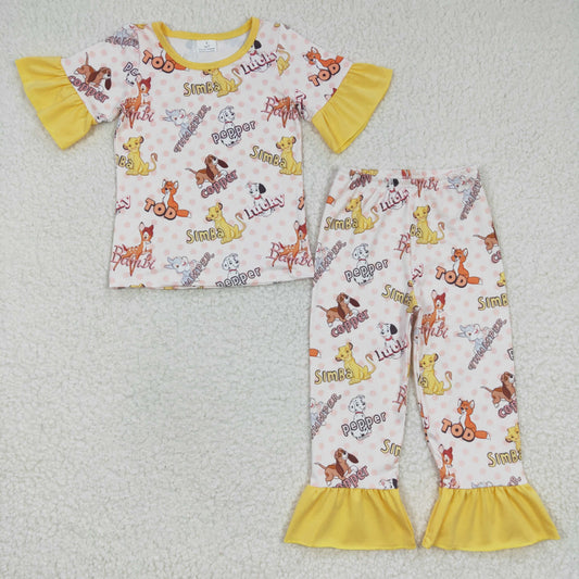 GSPO0423 Yellow Dog Lion Deer Cartoon Girls Short Sleeve Pants Outfits Pajamas