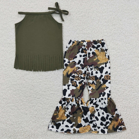 GSPO0300 Green Tassel Black Camo Leopard Girls Sleeveless Bell Bottom Pants Outfits