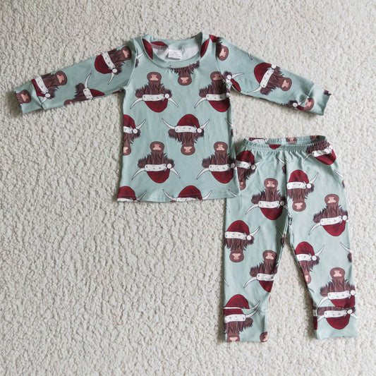 promotion BLP0087 Christmas Green Highland Cow Red Santa Boys Long Sleeve Pants Outfits Pajamas