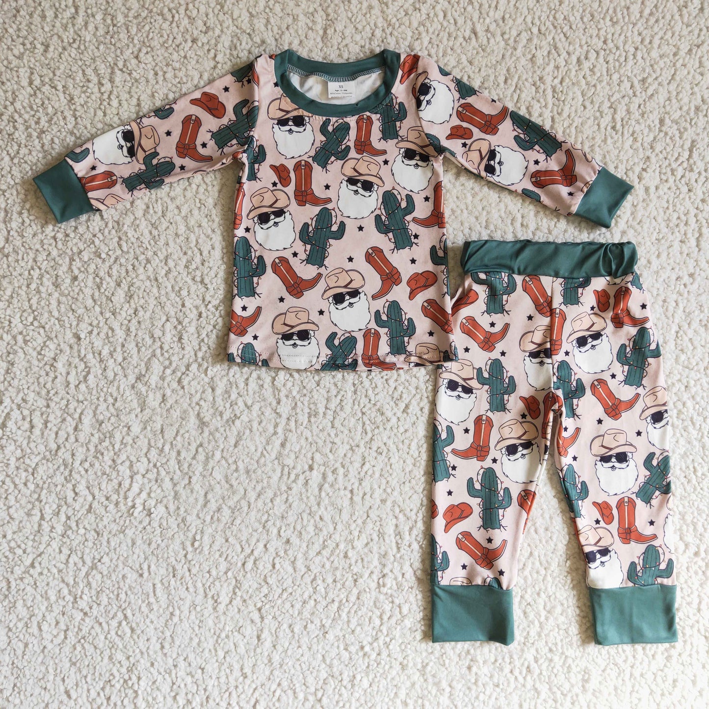 promotion RTS BLP0115 Christmas Santa Red Green Cactus Boots Cowboy Western Boys Long Sleeve Pants Outfits Pajamas