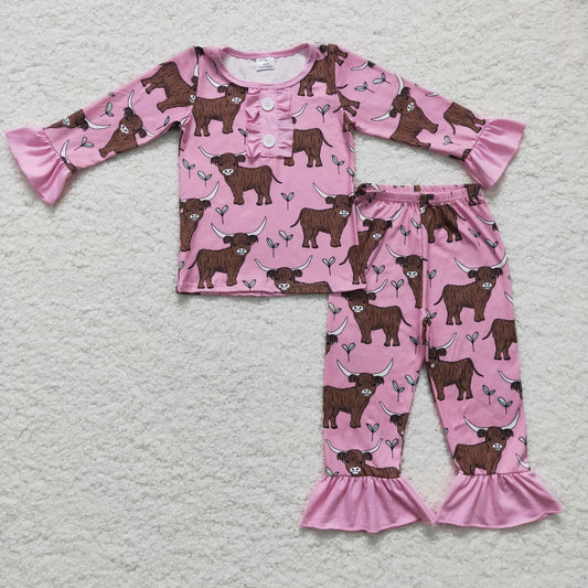 6 A11-12 Pink Ruffles Highland Cow Heifer Cow Girls Long Sleeve Pants Outfits Pajamas